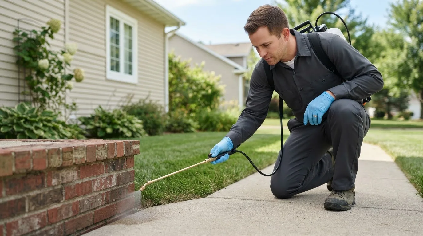 Pest control technician treating a home near Pelham, NH