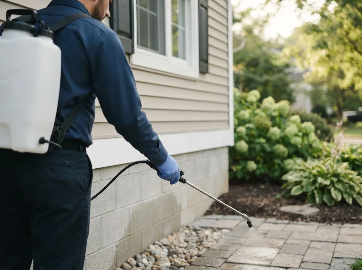 Pest control technician inspecting a home in Pelham, NH